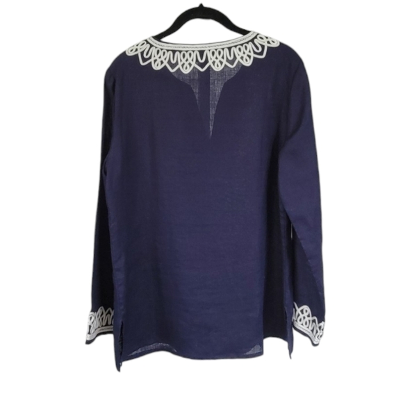 TALBOTS Small Linen Embroidered Nautical Coastal Preppy Tunic Top Navy & White - Picture 8 of 12